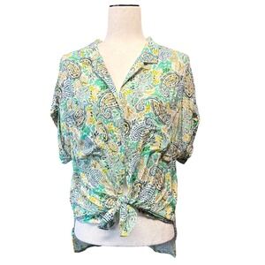 Dear John Vivid Paisley Short Sleeve Button Down Shirt Green Blue Women's S NWT